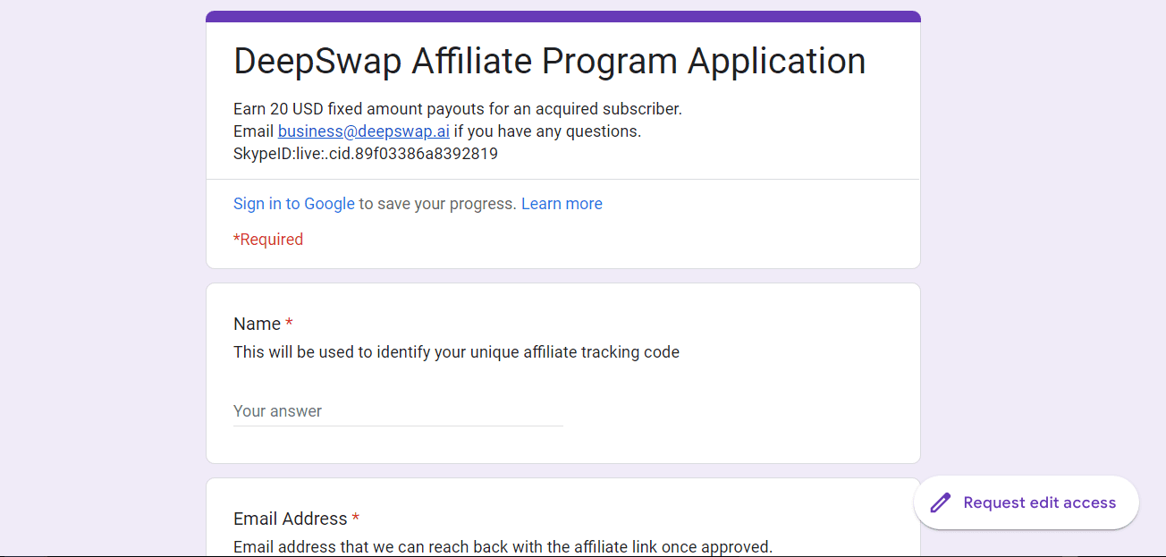DeepSwap Affiliate Program Application