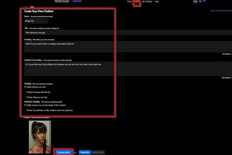 step 2-create your girl on spicy chat